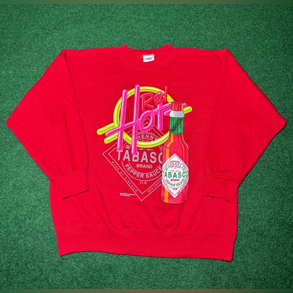 Vintage 90s Red Hot Tabasco Hot Sauce XL RARE AOP Hip Hop Retro Crewneck - Picture 1 of 10